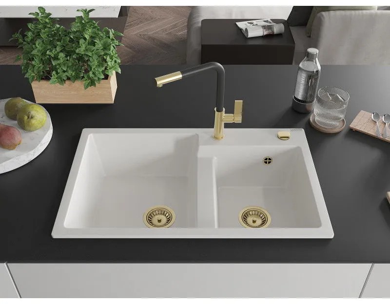 Mexen Tomas, 2-komorový granitový drez 800x500x190 mm a drezová batéria Flora, biela, 6516-20-670401-57-G