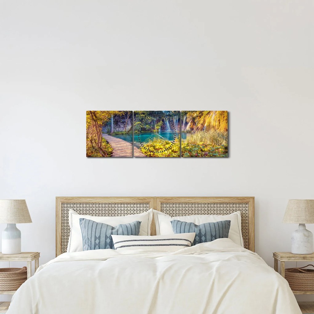 Obraz - Plitvické jazerá, Chorvátsko (s hodinami) (90x30 cm)