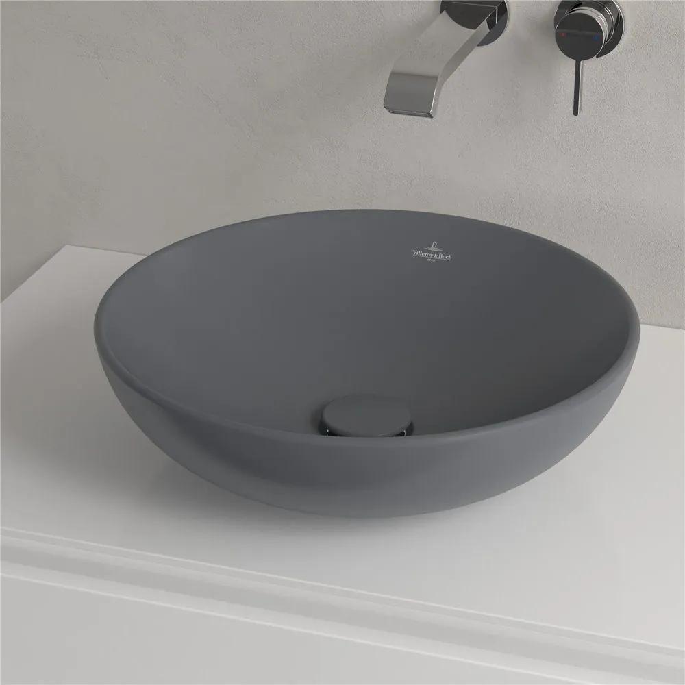 VILLEROY &amp; BOCH Loop &amp; Friends okrúhle umývadlo na dosku bez otvoru, bez prepadu, priemer 420 mm, Graphite, s povrchom CeramicPlus, 4A4601i4
