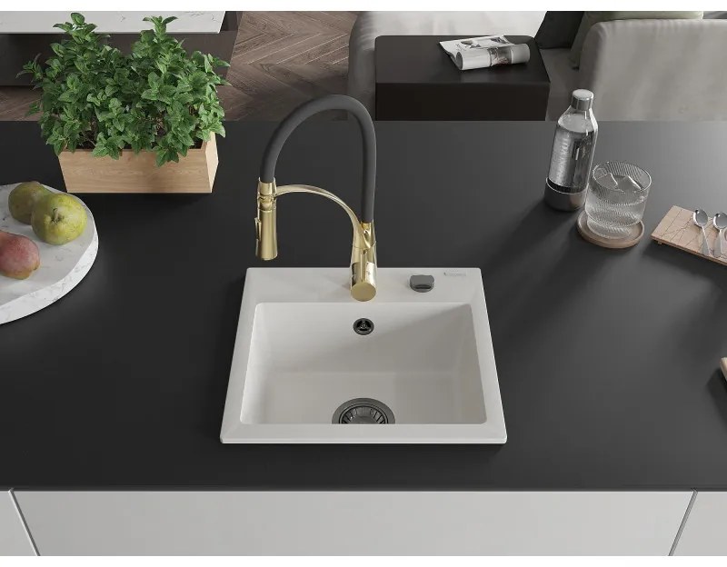 Mexen Milo, 1-komorový granitový drez 435x410x171 mm a drezová batéria Aster, biela, 6505-20-73450-57-B