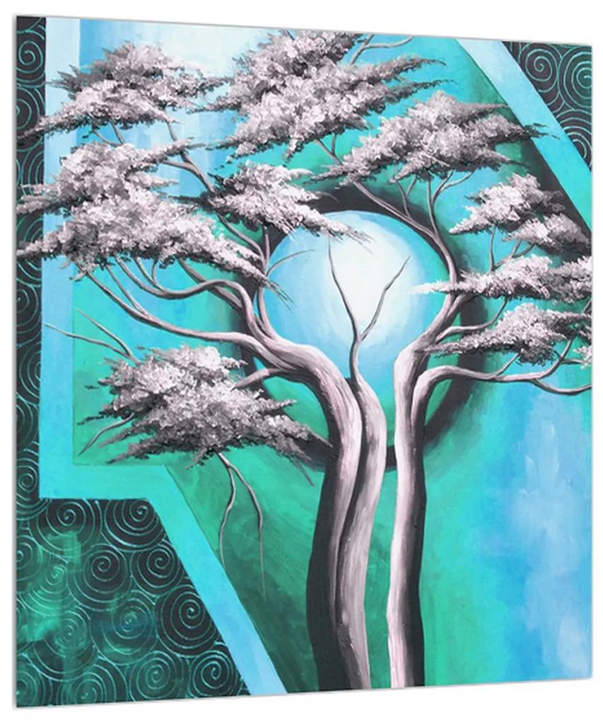 Orientálny modrý obraz stromu a slnka (30x30 cm)