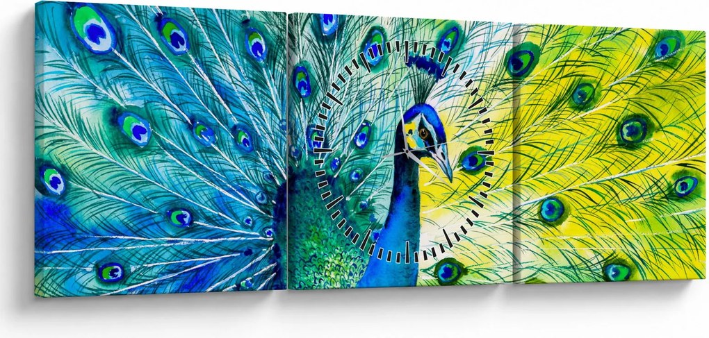 Obraz páva (s hodinami) (90x30 cm)