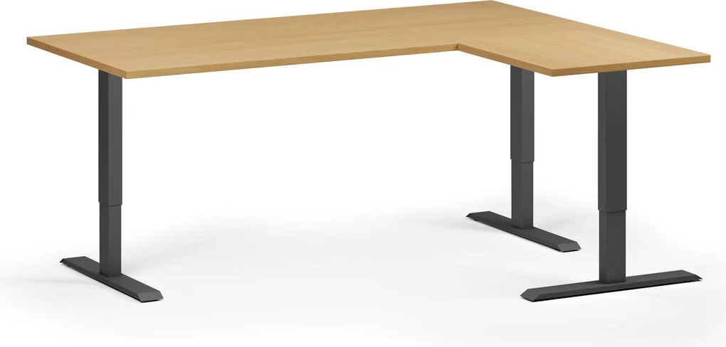 Výškovo nastaviteľný stôl, 180x140 cm, 3 motory, L/P, čierna podnož, buk