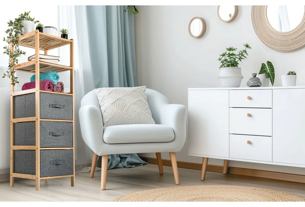 G21 Bambusový regál s košíkmi, 5 políc, sivá, 5 poschodí