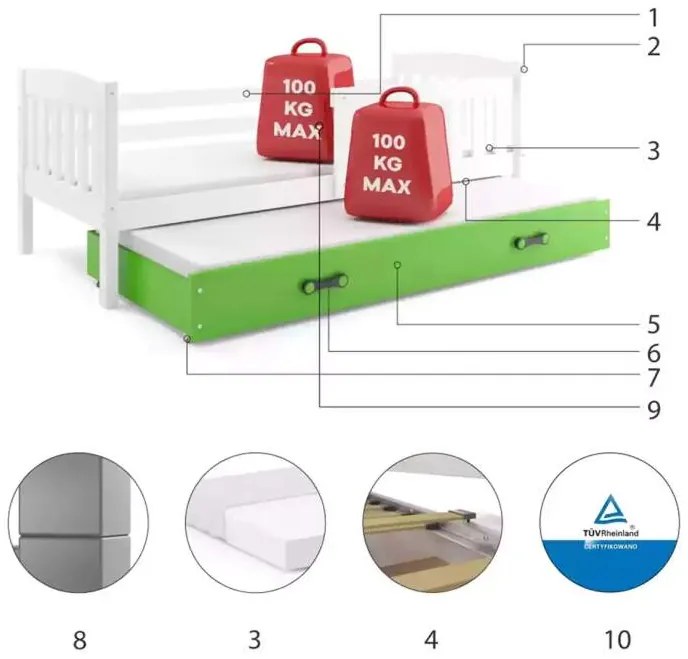 Posteľ s prístelkou KUBO 2 190x90 biela - zelená