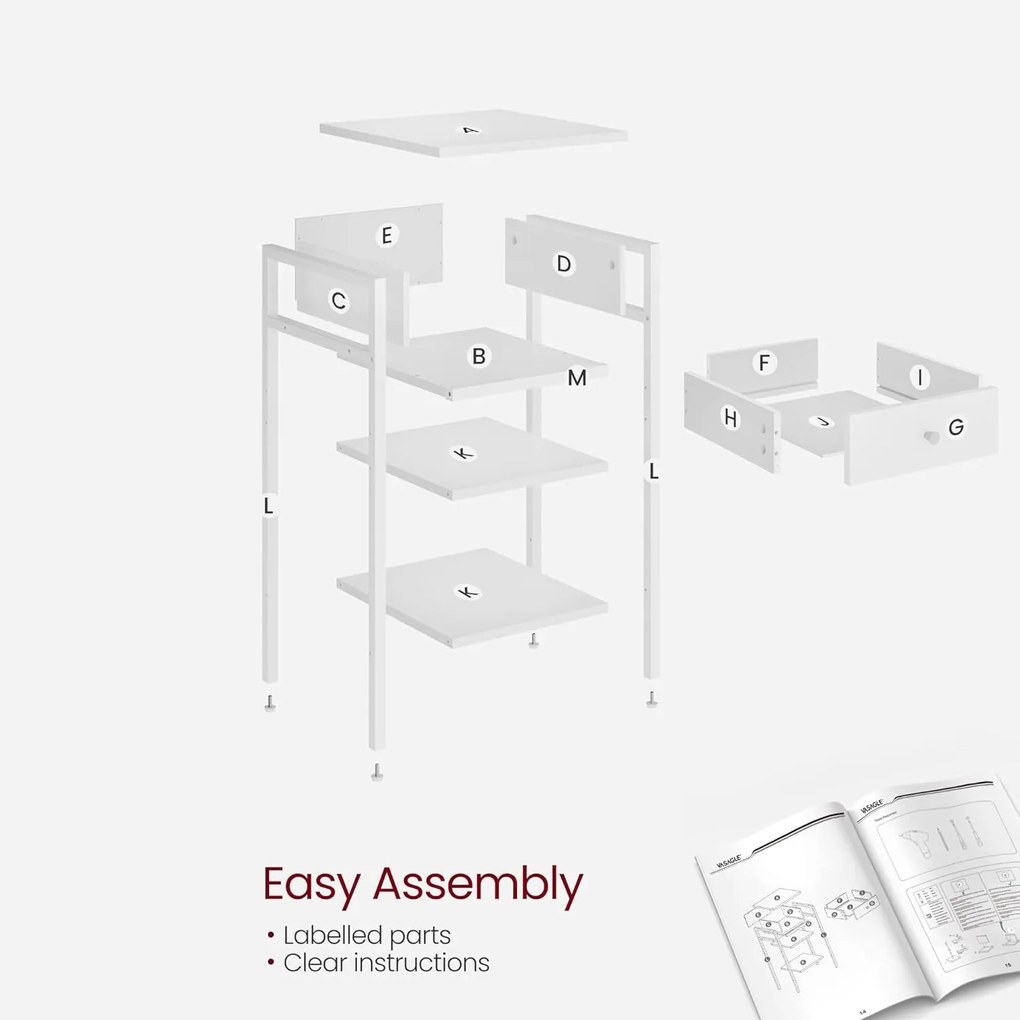 Vysoký nočný stolík s jednou zásuvkou a 2 otvorenými priehradkami, biely
