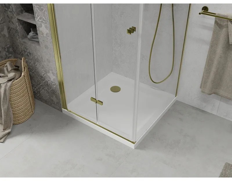 Mexen Lima sprchovací kút so skladacími dverami 100 x 100 cm, 6mm číre sklo, zlatý profil + sprchová vanička Slim, 856-100-100-50-00-4010