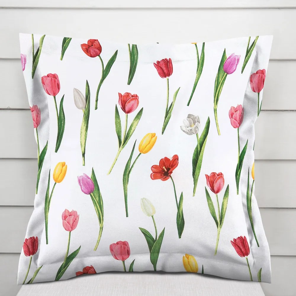 Biante Bavlnená obliečka na vankúš s lemom Sandra SA-506 Tulipány na bielom 40 x 60 cm