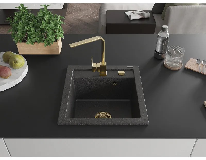 Mexen Vito, 1-komorový granitový drez 520x490x210 mm, zlatá batéria Rita, čierna škvrnitá, 6503-76-670300-50