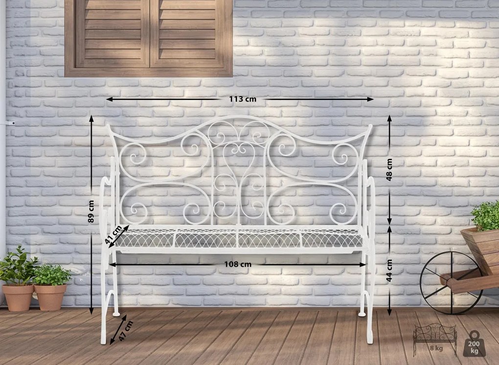 Rustikálna kovová lavička Tar - Biela