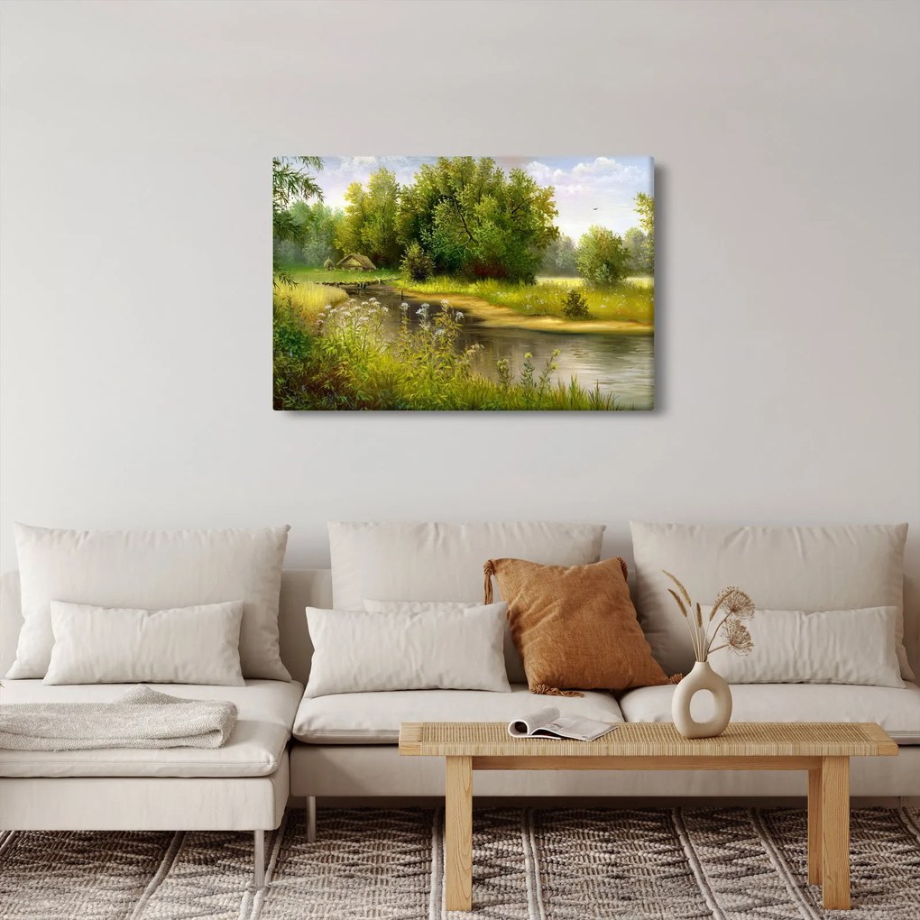 Obraz - Rieka pri lese, olejomaľba (90x60 cm)