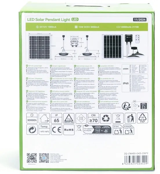 Aigostar - LED solárny luster 2xLED/70W/12V 12000 mAh 6500K priemer 23,5 cm