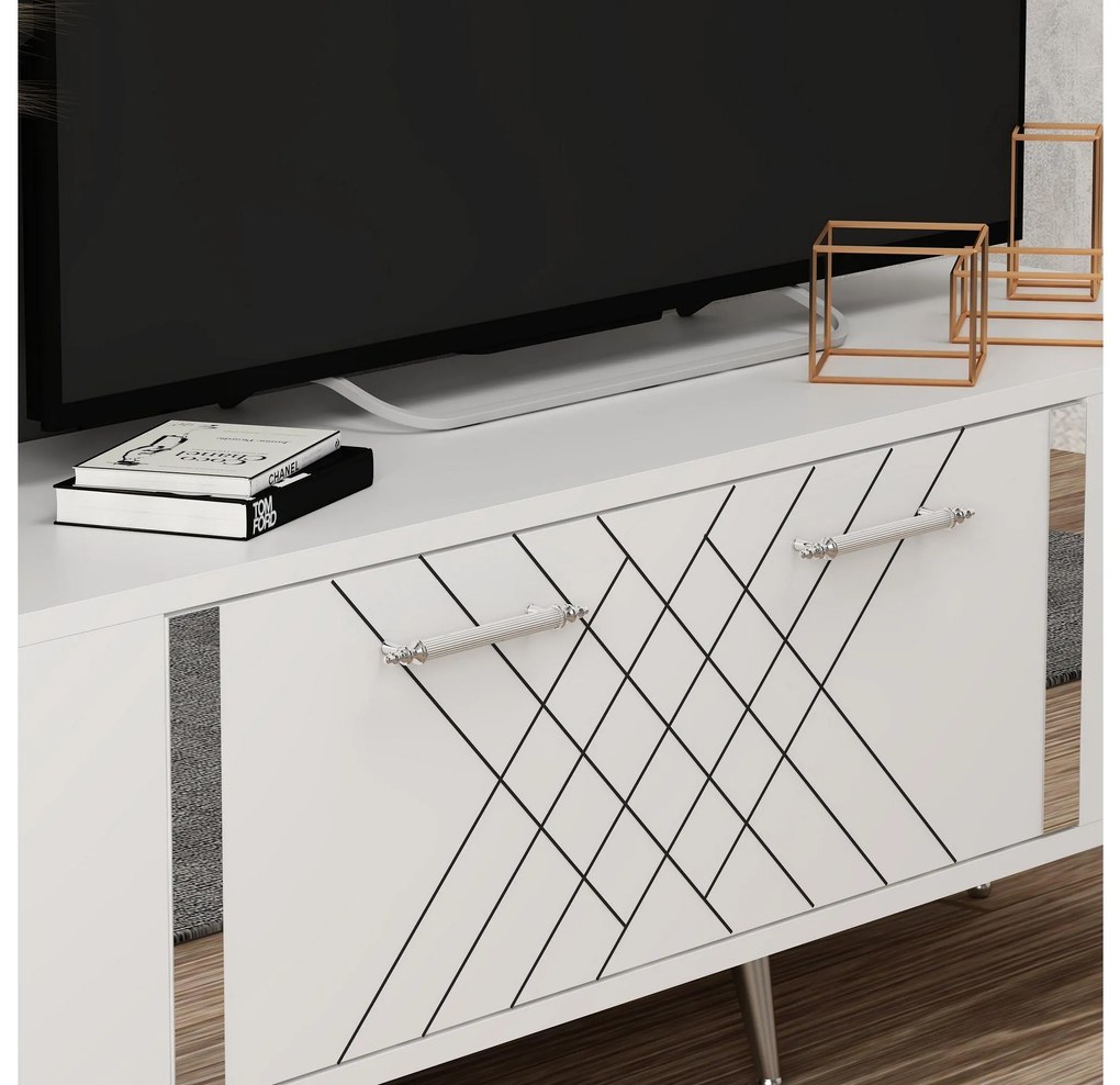 TV stolík/skrinka Tunini (biela + strieborná) . Akcia -22%. Vlastná spoľahlivá doprava až k Vám domov. 1095249