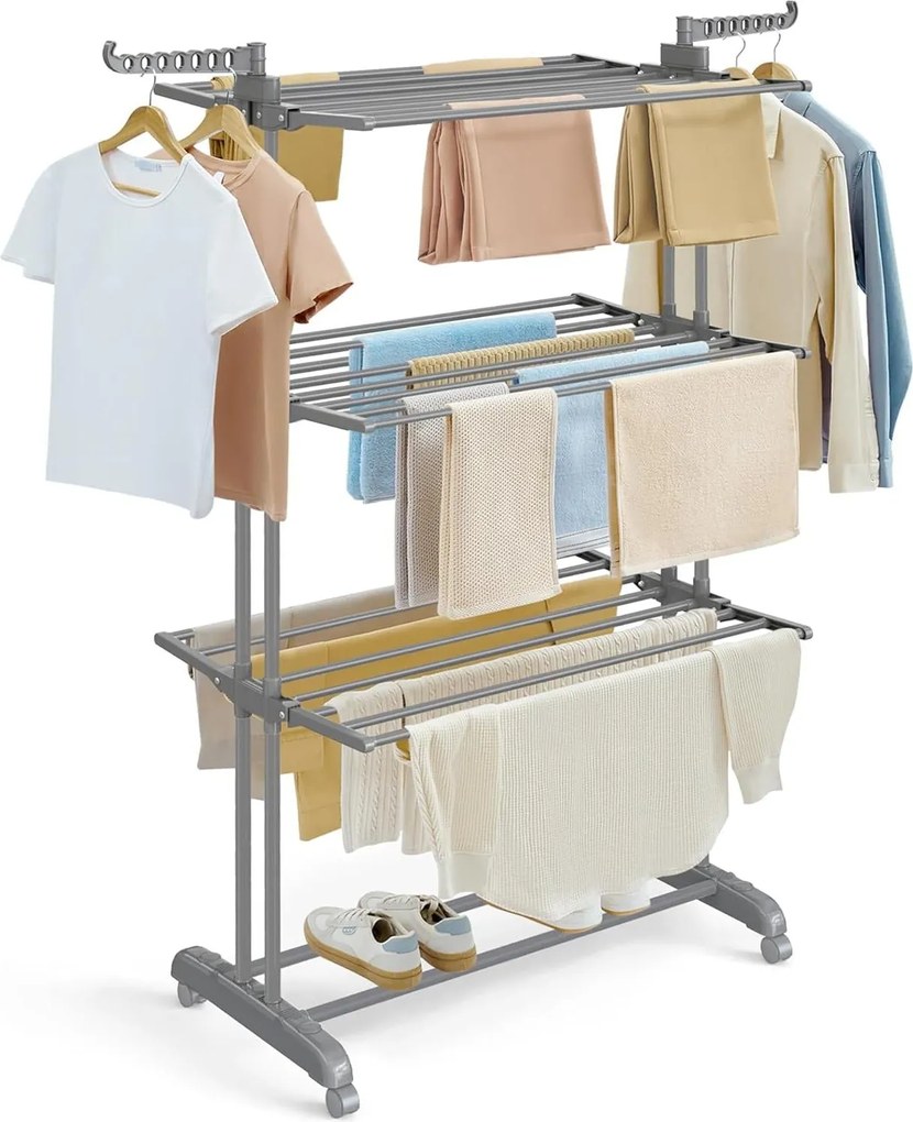 Skladací 4-poschodový sušiak na prádlo, mobilný, 64 x 126 x 172 cm, nerezová oceľ, so sklápacími krídlami, šedý