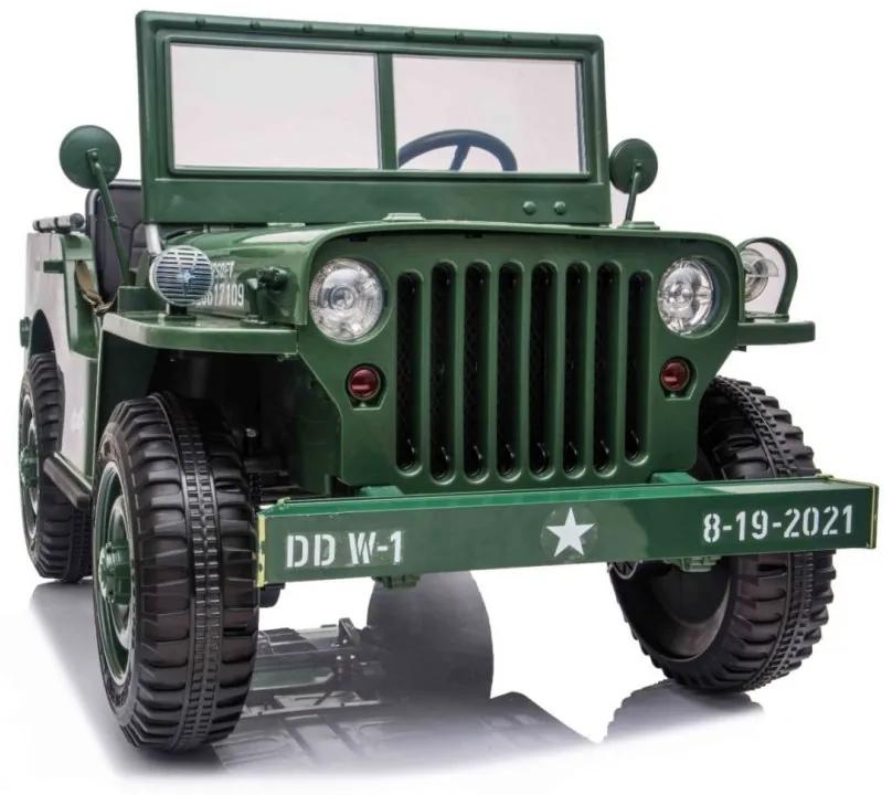 LEAN CARS Elektrické autíčko - Retro vojenské vozidlo 4x4 - zelené - 158cm x 80cm x 82cm - MOTOR - 4x45W BATÉRIA - 12V / 14A - 2