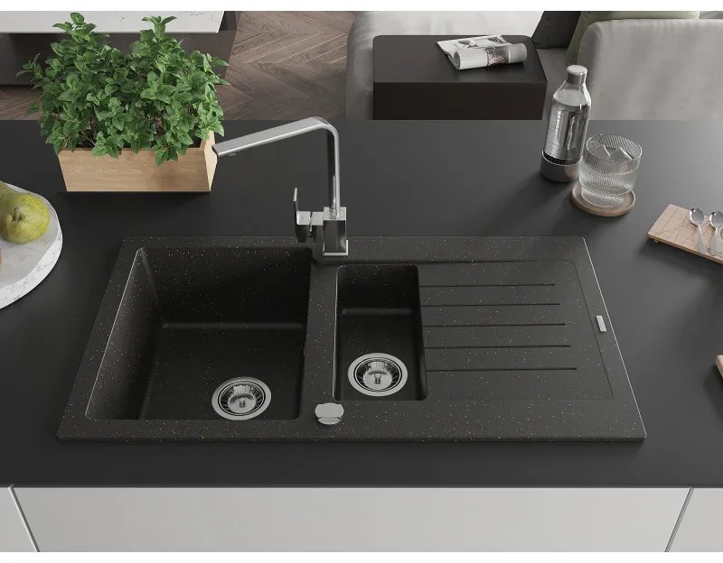 Mexen Matias, granitový drez 900x505x200 mm, 1,5-komorový a chrómová batéria Rita, čierna-zlatá metalíza, 6502-75-670300-00