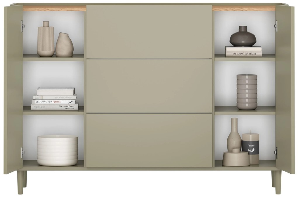 Komoda so zásuvkami Elivo 150 cm na nožičkách - eukalyptus / dub baltic dune