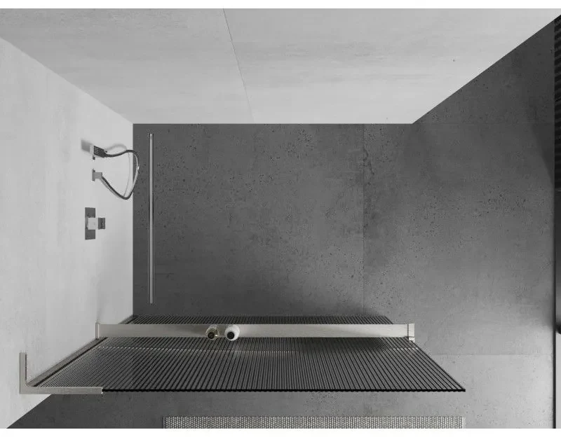 Mexen Kioto+ L, sprchová zástena Walk-In s poličkou a vešiakom 100 x 200 cm, 8mm sklo s rebrovým vzorom, brúsená oceľ profil, 800-100-123-97-09