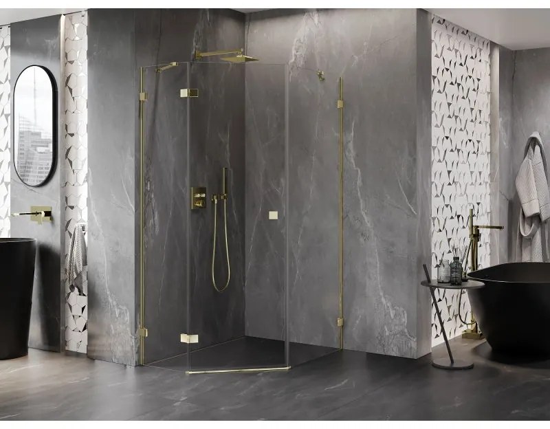 Mexen Lunar, päťuholníkový sprchový kút s ľavým sklonom 80 x 90 cm, 8mm číre sklo, zlatý profil, 831-080L-090P-50-00-L