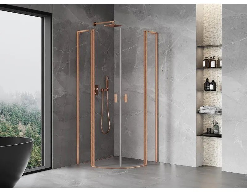 Mexen Mist L, štvrťkruhový sprchový kút s 2-krídlovými dverami, 100 x 100 cm, 8mm číre sklo, medený profil, 8A32L-100-100-65-00