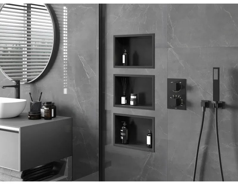 Mexen X-Wall-R, polička na zapustenie na obklad s golierom 30 x 20 cm, čierna matná, 1970302010