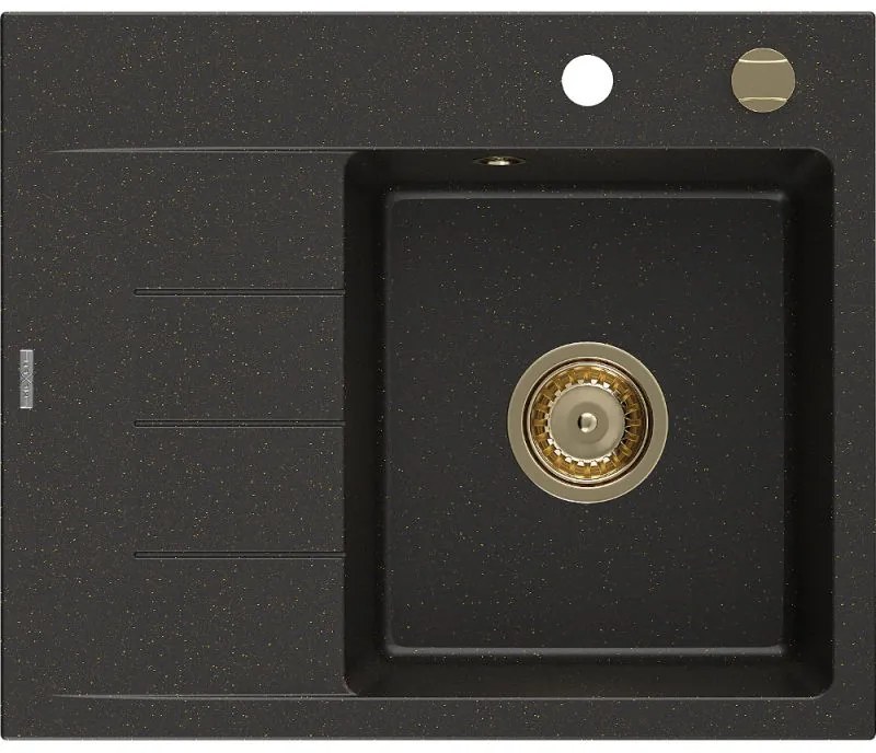 Mexen Ben, 1-komorový granitový drez 600x500x190 mm, pravý + zlatý sifón, čierna-zlatá metalíza, 6523605000-75-G