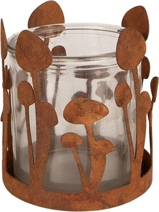 Rustikálny hrdzavý svietnik s hubkami Mushroom Rust - Ø 9*10 cm