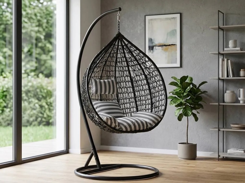 Čierne závesné kreslo KOKON so stojanom, bielo-sivý vankúš