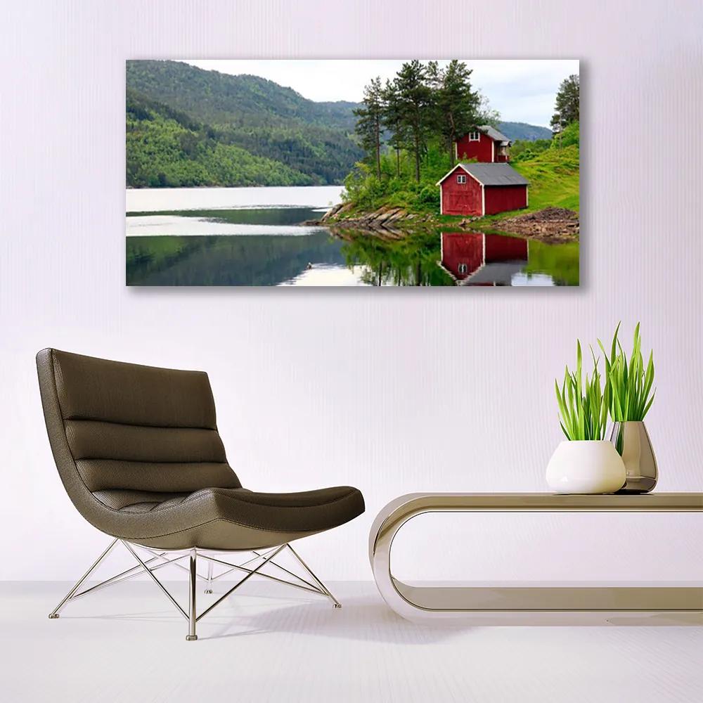 Obraz na akrylátovom skle Hory dom jazero príroda 120x60 cm