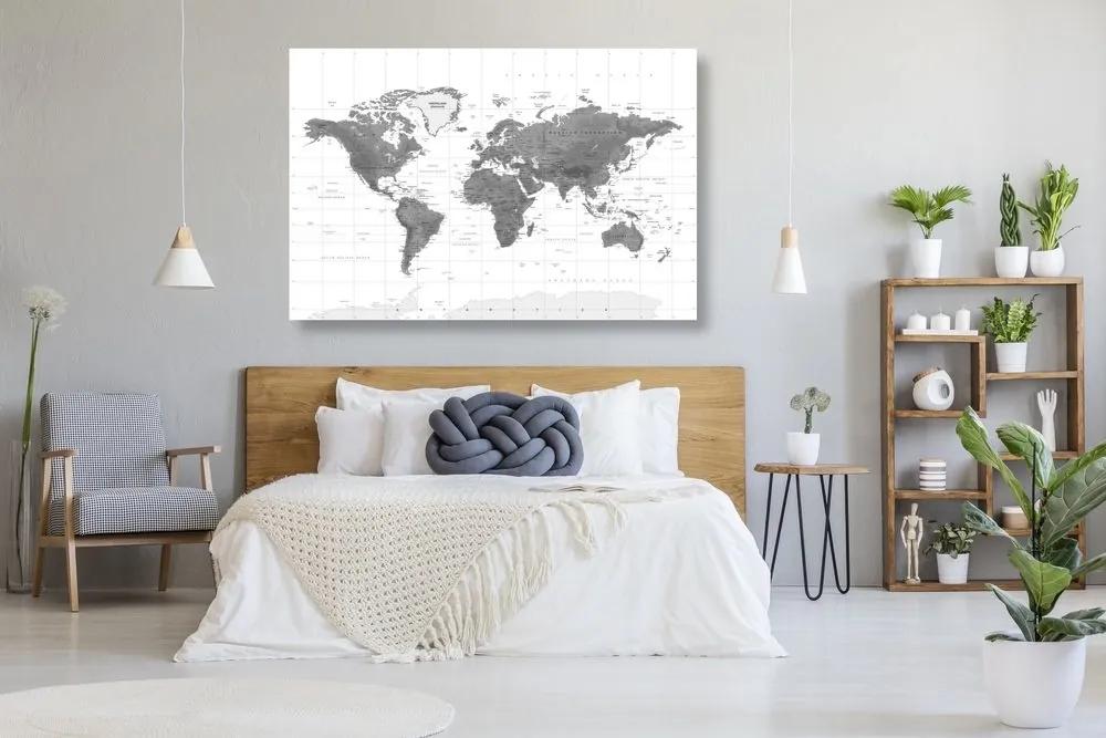 Obraz nádherná mapa sveta v čiernobielom prevedení - 120x80