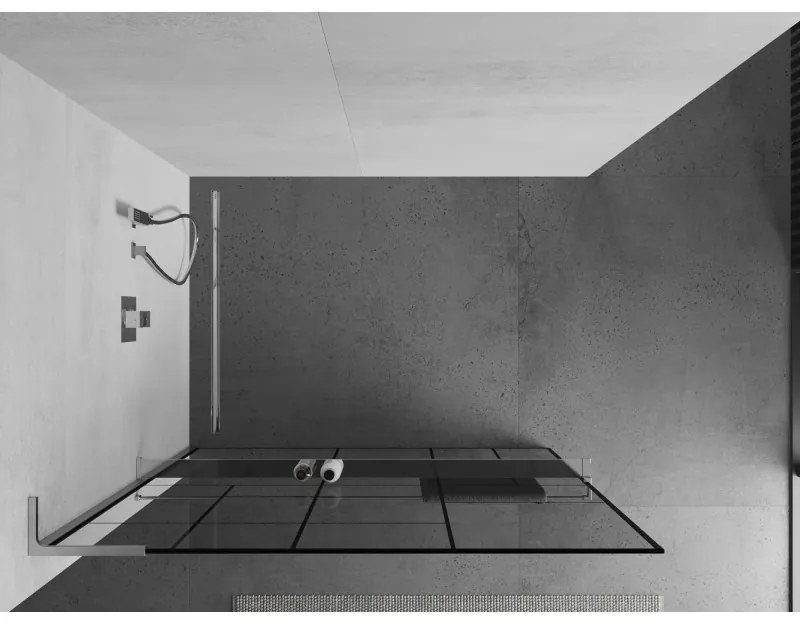 Mexen Kioto+ L, sprchová zástena Walk-In s poličkou a vešiakom 120 x 200 cm, 8mm číre sklo čierny vzor, chrómový profil, 800-120-123-01-78