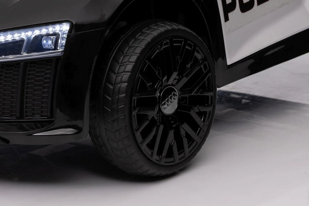 Ramiz Audi R8 Polícia na batérie pre deti + diaľkové ovládanie + EVA + pomalý štart + MP3 LED