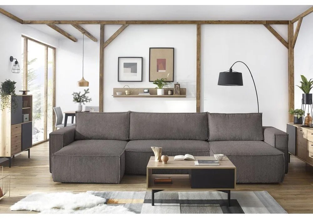 Tmavosivá menčestrová rozkladacia rohová pohovka do "U" Nihad – Bobochic Paris