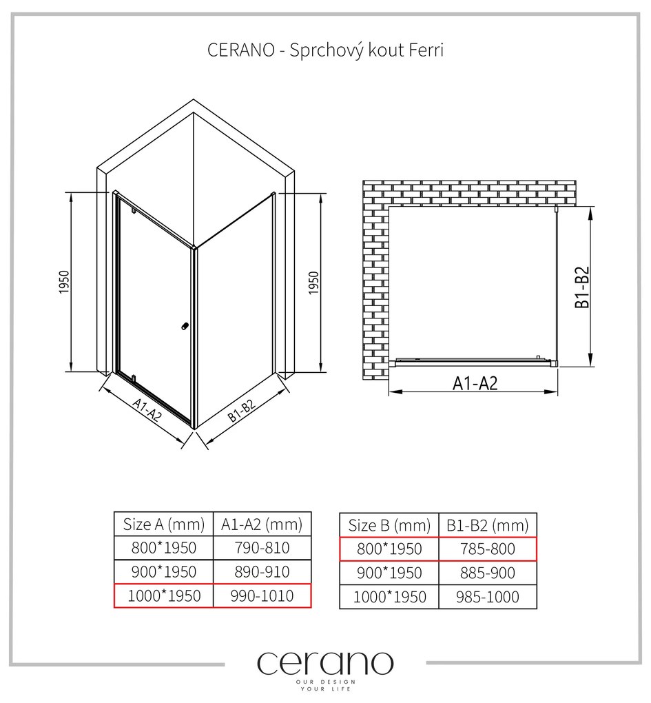Cerano Ferri, krídlový sprchovací kút 100(dvere) x 80(stena) x 195 cm, 6mm číre sklo, čierny profil, CER-CER-427489