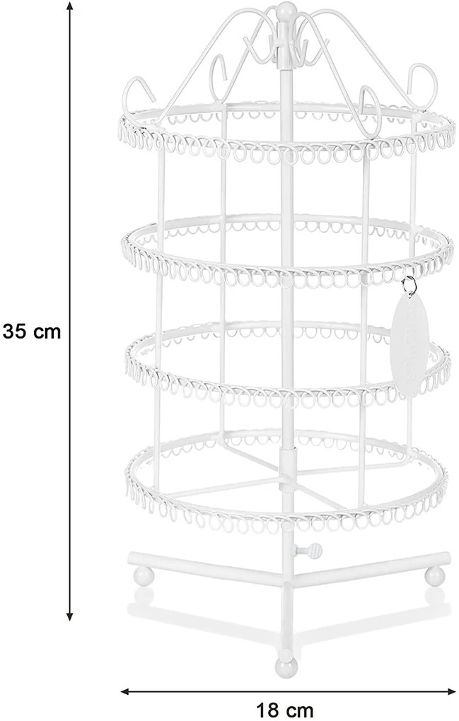 Kruhový stojan na šperky bez podstavca, 4 poschodia, kovový, biely