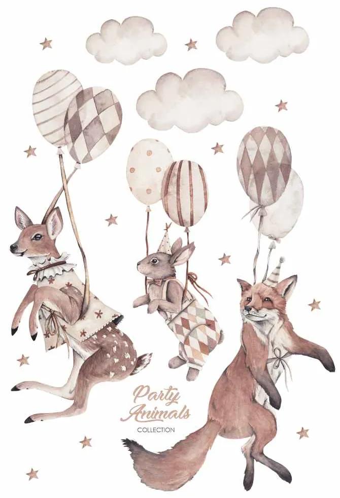 Gario Detská nálepka na stenu Party animals - srnka, zajačik a líška s balónmi
