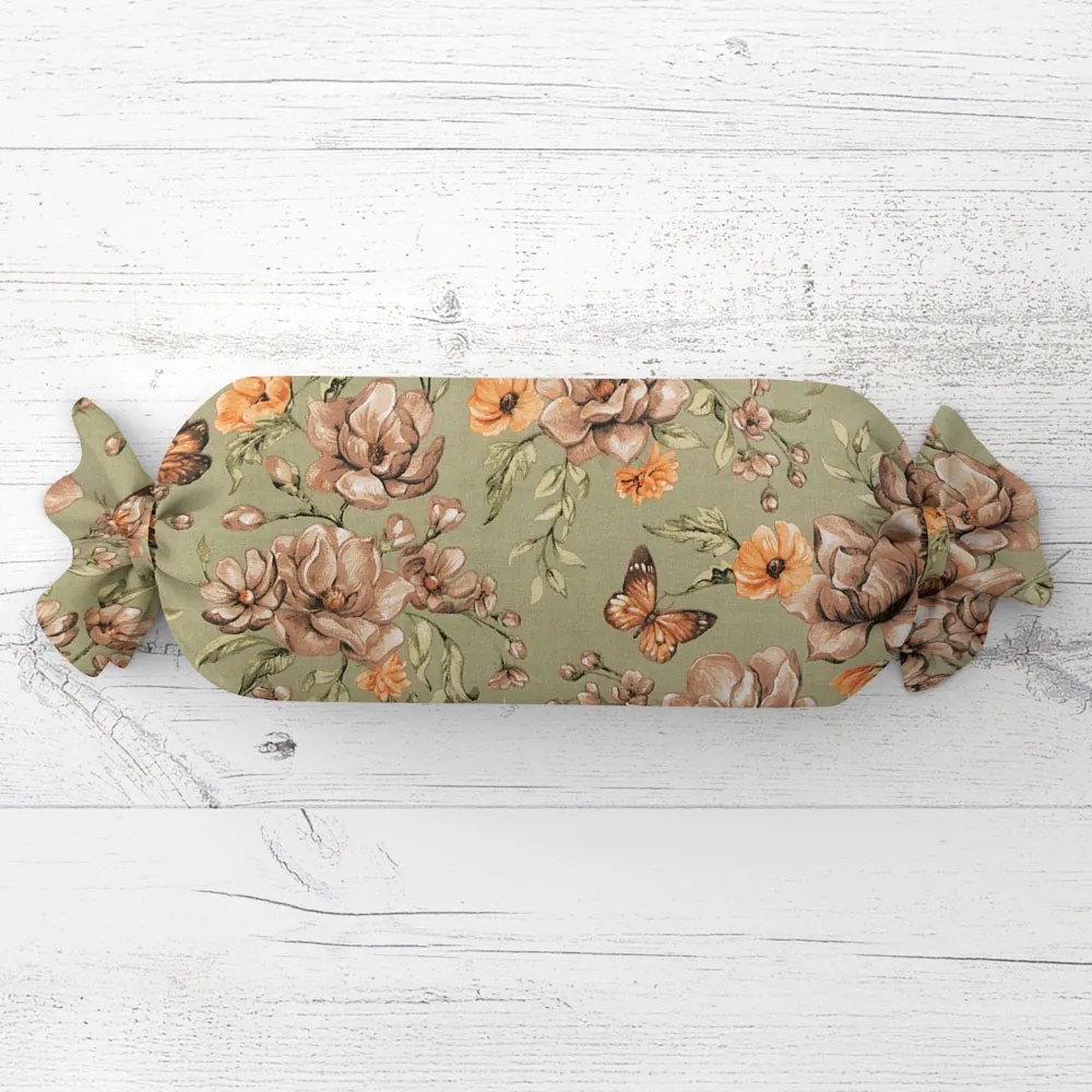 Biante Vankúš valec bonbon Sandra SA-472 Hnedé kvety magnólie na zelenom 15x40 cm