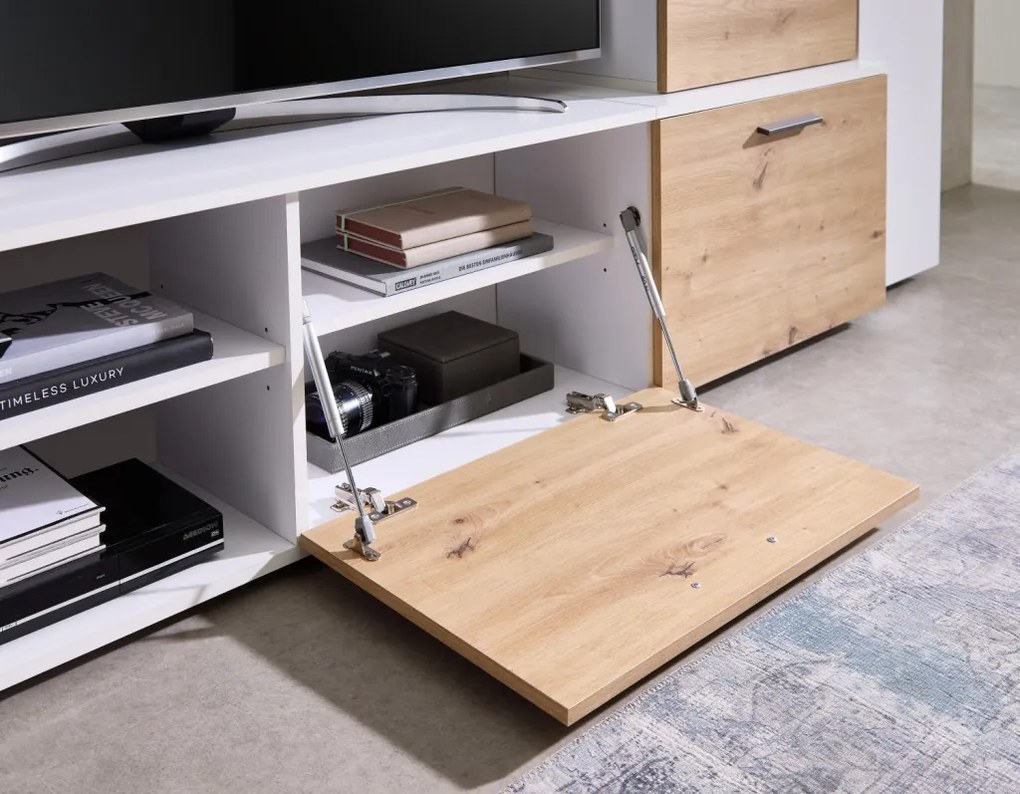 Obývacia stena Heathrow, biela/dub artisan, s osvetlením