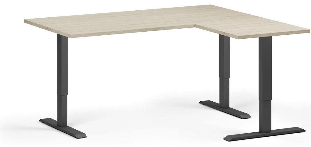 Výškovo nastaviteľný stôl, 160x140 cm, 3 motory, L/P, čierna podnož, dub prírodný