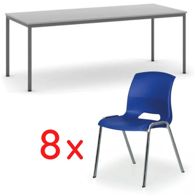 Stôl jedálenský, sivý 2000x800 + 8 stoličiek Cleo, modrá