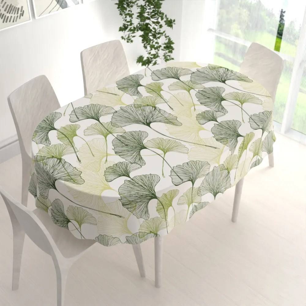 Biante Bavlnený oválny obrus Sandra SA-576 Zelené Ginkgo listy na bielom 140x200 cm