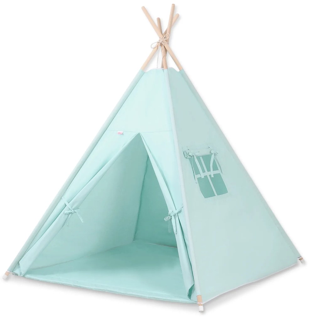 Bobono Stan Teepee pre deti + podložka na hranie + ozdobné pierka - mätová