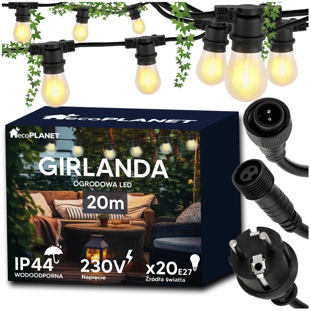 BERGE Záhradná girlanda 20m + 21x 1W LED žiarovka
