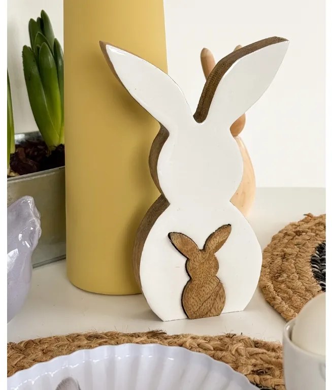 Drevený veľkonočný zajko HOPPYDUO sada 2 ks, 20 cm, biely