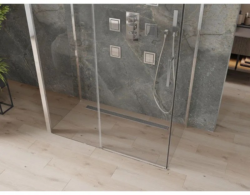 Mexen Omega, 3-stenný sprchovací kút s posuvnými dverami 140 (dvere) x 80 (stena) cm, 8mm číre sklo, chrómový profil, 825-140-080-01-00-3S