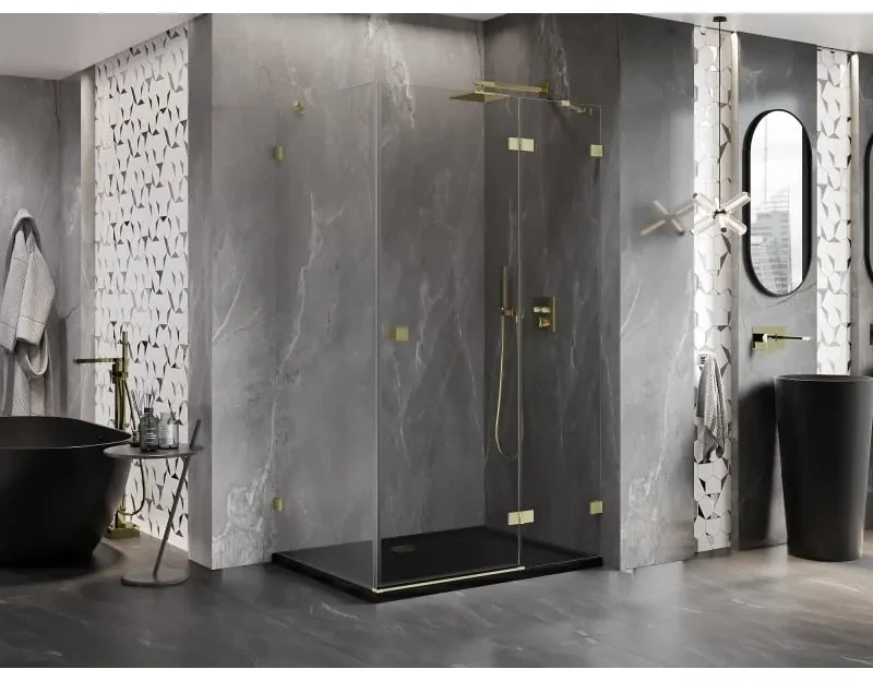 Mexen Lunar, výklopný sprchový kút pravý 100 x 90 cm, 8mm číre sklo, zlatý kartáčovaný - 834-100-090-55-00-P