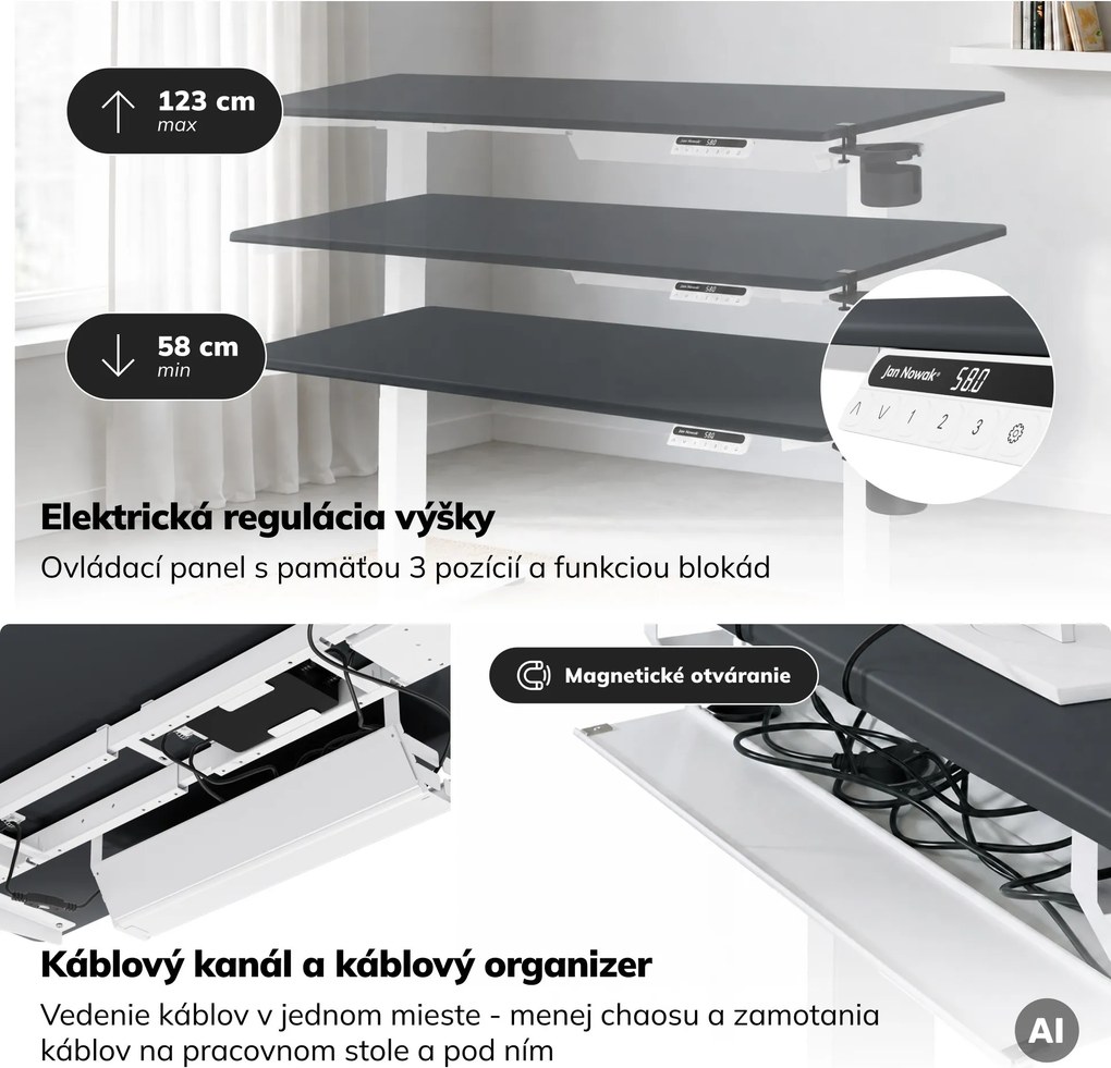 Elektrický stôl s nastaviteľnou výškou ergonomický bielo-antracitový,1400x700 mm: ARIA