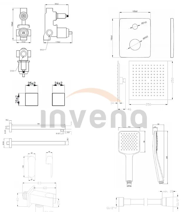 Invena Siros, podomietková sprchová sada s dažďovou hlavovou sprchovou 25x25 cm a ručnou hlavicou, čierna matná, INV-BS-90-011-A