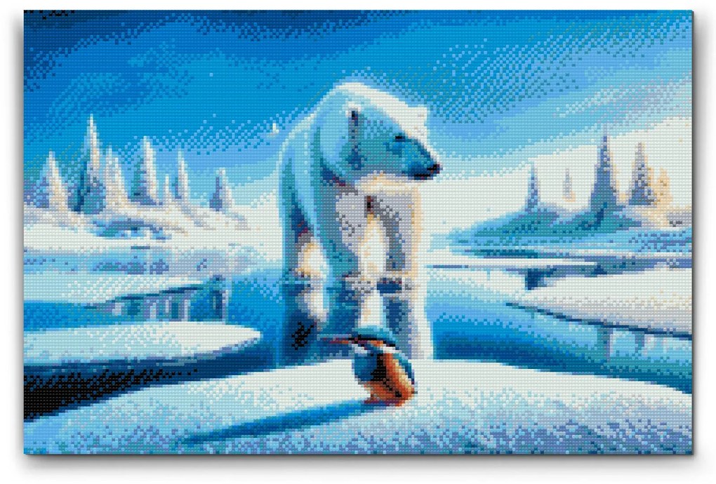 Gario Diamantové maľovanie Medveď s rybárikom v zasneženej krajine Rozmery: 40 x 60 cm, Rámovanie: S vnútorným rámom, Diamanty: Štvorcové