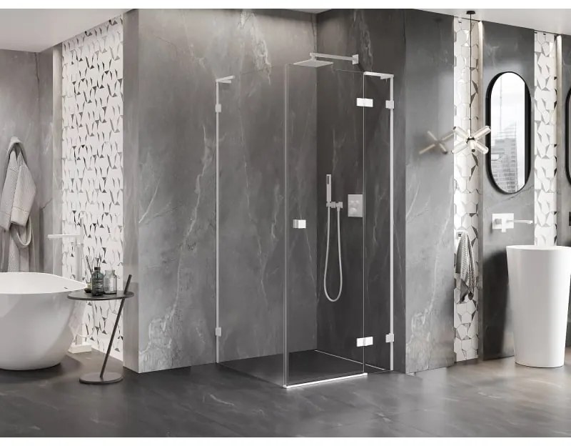 Mexen Lunar, L pravý výklopný sprchový kút 80 x 80 cm, 8mm číre sklo, biely profil, 834L-080-080-20-00-P